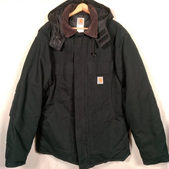 Carhartt Jacket Men 2X Black Canvas Barn Chore Corduroy Collar Hooded Work USA - Picture 1 of 16